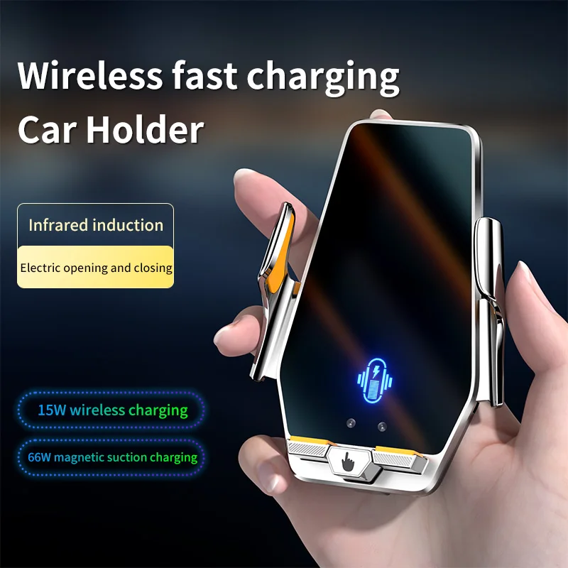 66W Magnetic + 15W Wireless Car Charger – IR Auto Clamp, 360° Rot, Built‑in Battery for iPhone 12‑17 & Android(BK24S)
