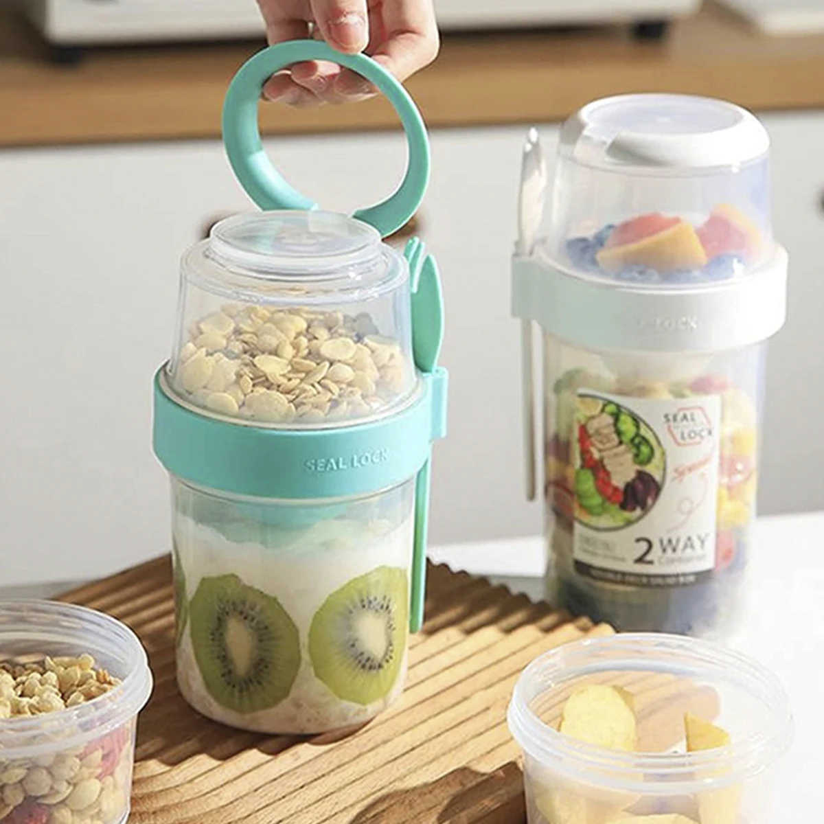 2 Pack Overnight Oats Container 2-Layer Breakfast On the Go Cups with Lid and Spoon Portable Yogurt Oatmeal Container Jar