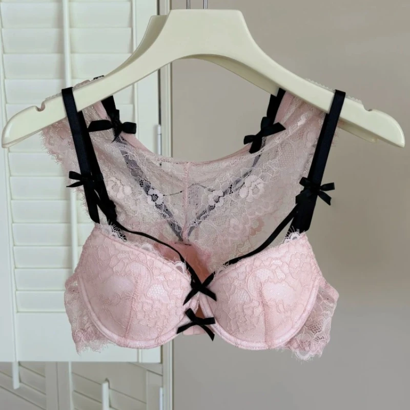 Women French Lace Bra with Bow Pure Desire Hot Girl Style Wireless Small Bust Push Up Enhance Volume Lift Anti Sag Sexy Bralette