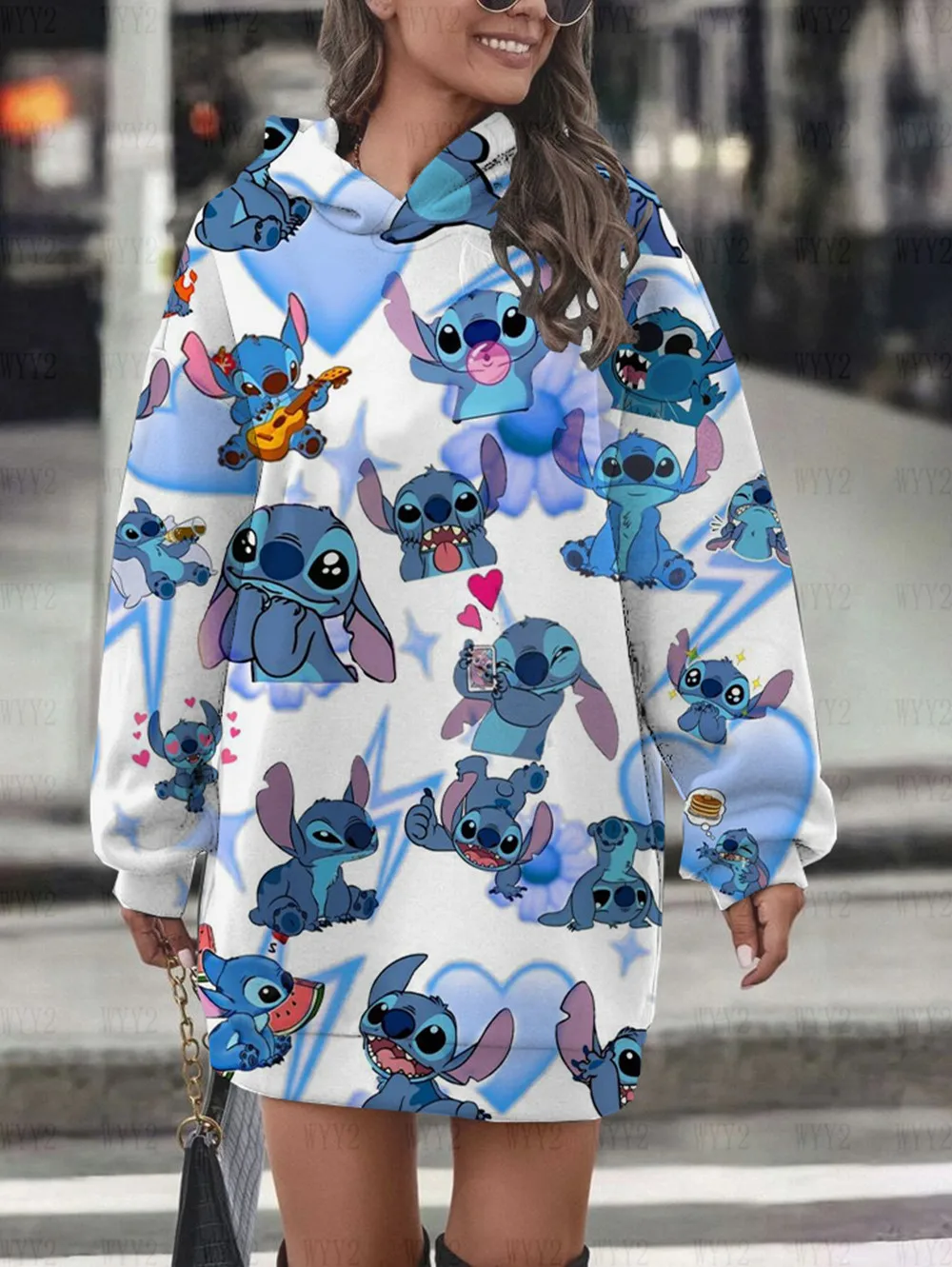 Autumn Winter Disney Stitch Printed Women\'s Loose Comfortable Hoodie Dress New Long Sleeve Casual Fashion Sweater Dress