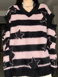 ADAgirl Harajuku maglione a righe oversize stile Y2k rosa maniche staccabili stampa stella maglioni gotico inverno coreano alt vestiti