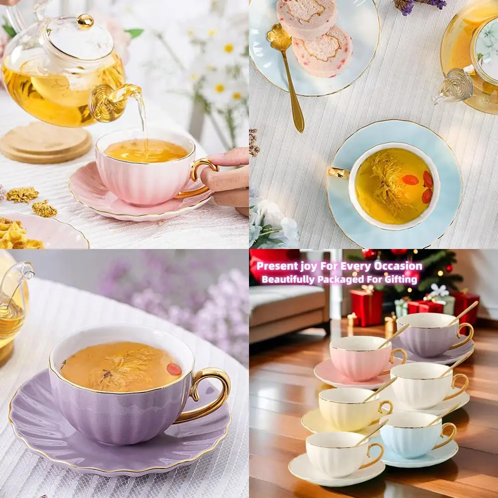 

6-Piece Golden-Rimmed Porcelain Tea Set with Pumpkin Cups and Saucers, Ideal for Cappuccino and Afternoon Tea, Home and Office G