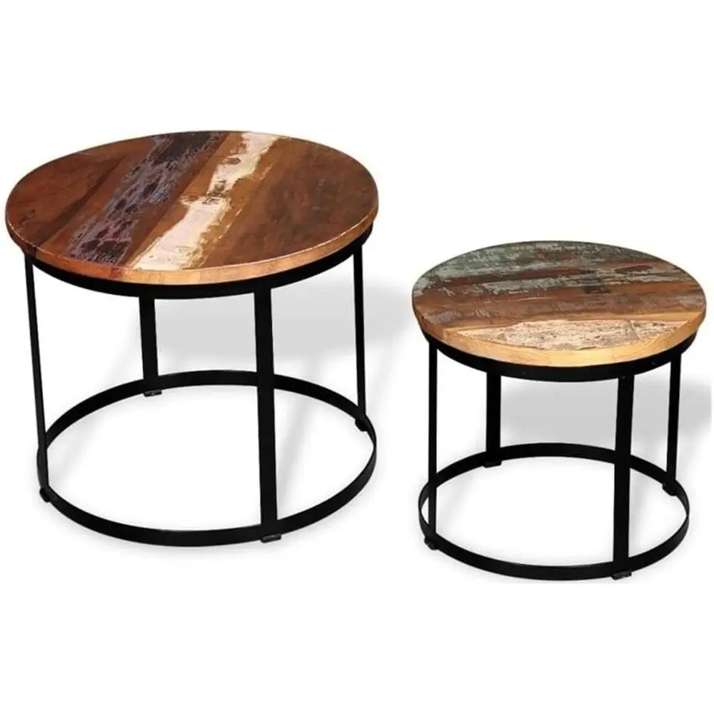 

Industrial Style Nesting Coffee Table Set, Reclaimed Wood and Iron, Brown & Black Lacquer Finish