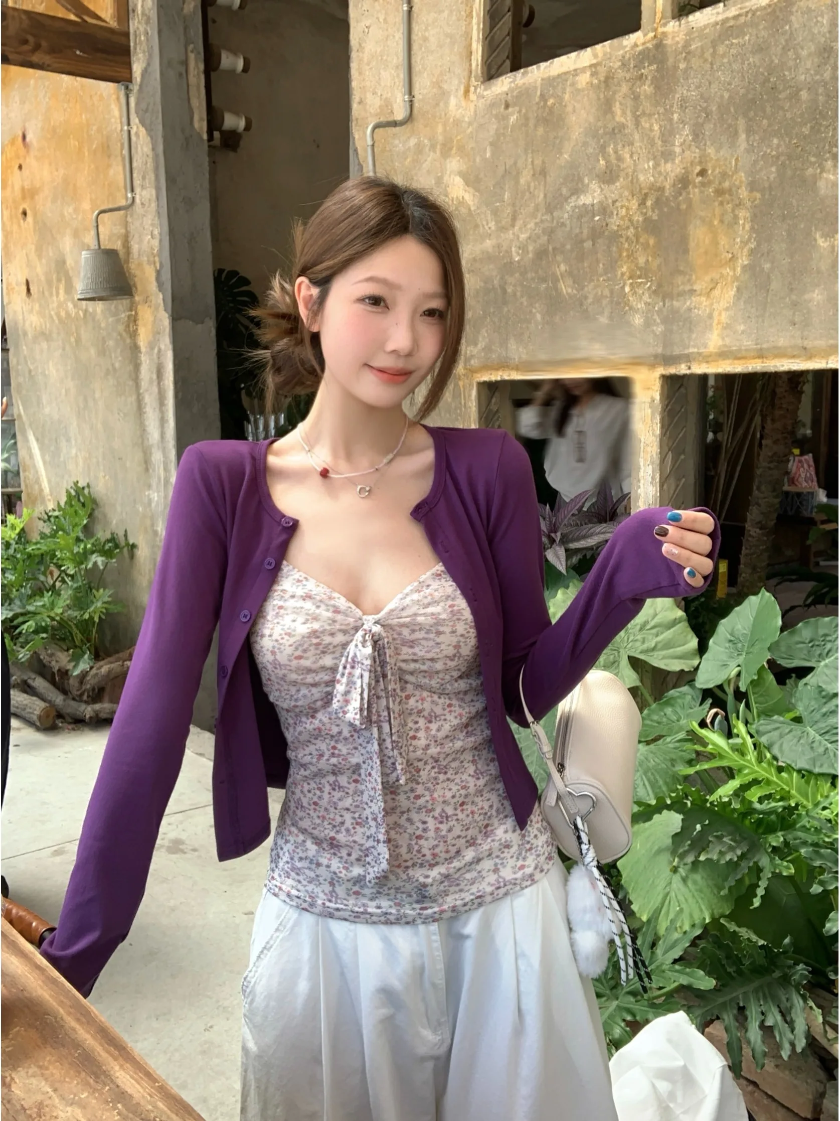 

plus Size Sweet And Spicy Girl Style Set Summer New Slimming Floral Strap Top Long Sleeve Open Cardigan Shirt Women's Fashion