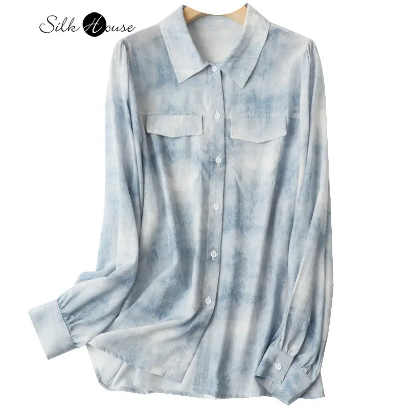 

French Denim Silk Shirt Women's Long Sleeve 2023 Spring New Light Luxury Versatile Style Mulberry Silk Women's Fashion Top