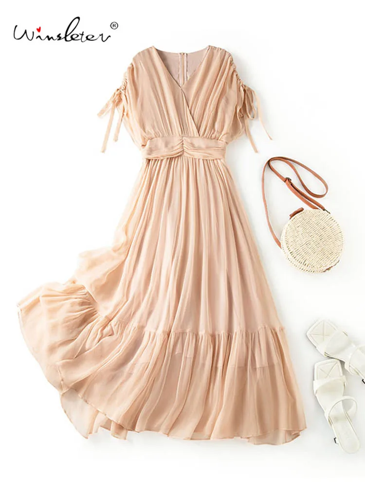 Winsleter-100% Silk Elegant Dress, V Neck Sleeveless Solid, Women French Bohemia Age Reduction Dresses, 2026 Summer New D65376CC