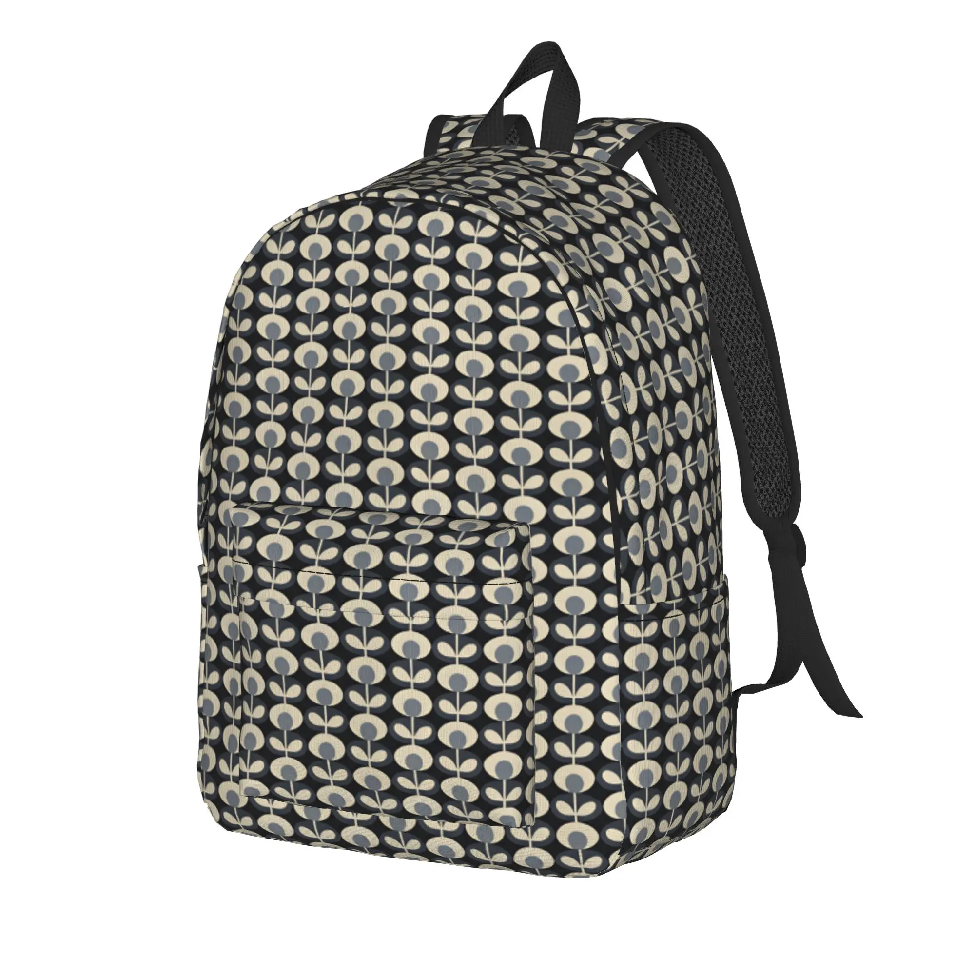 Vertical Black Background Oval Floral Stem Repeat Pattern Backpack  Travel Backpacks Unisex Designer Big School Bags Rucksack
