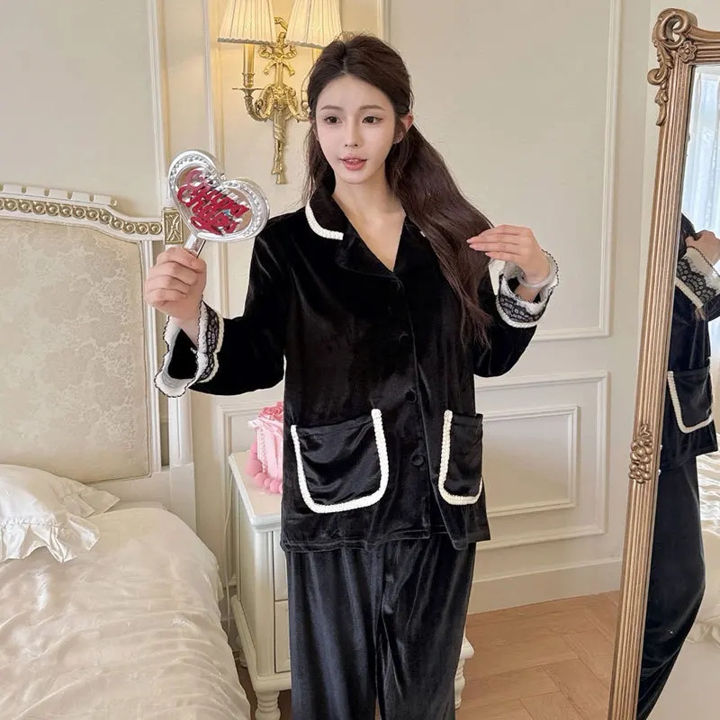 Velvet Pajamas Set Sexy Home Clothes Women Sleepwear Pyjamas Femme Black Top Pants Can Be Outwear Pijama Mujer