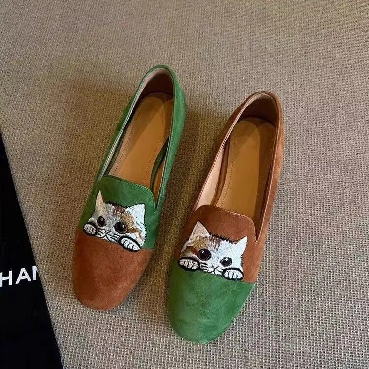 Top Quality Cat Embroidery Slippers Woman Flock Moccasins Non-Slip Animal Kitten Shoes Ladies Square Toe Two-Tones Ballet Flats