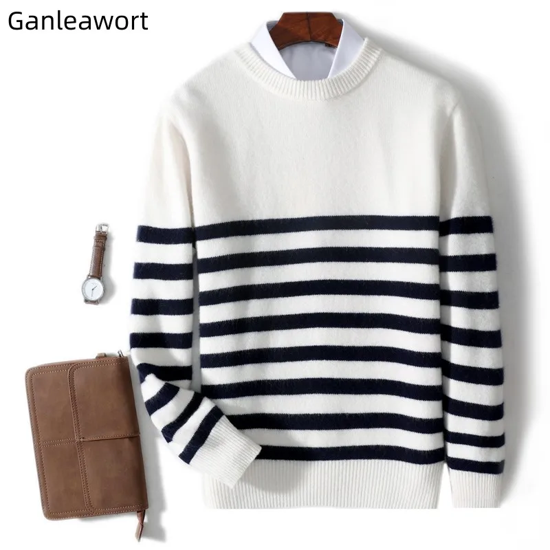 Men's Crew Neck Loose Stripe Thickened Sweater Pullover Business Casual 100% Wool Knitted Bottom Shirt Versatile Korean Versions