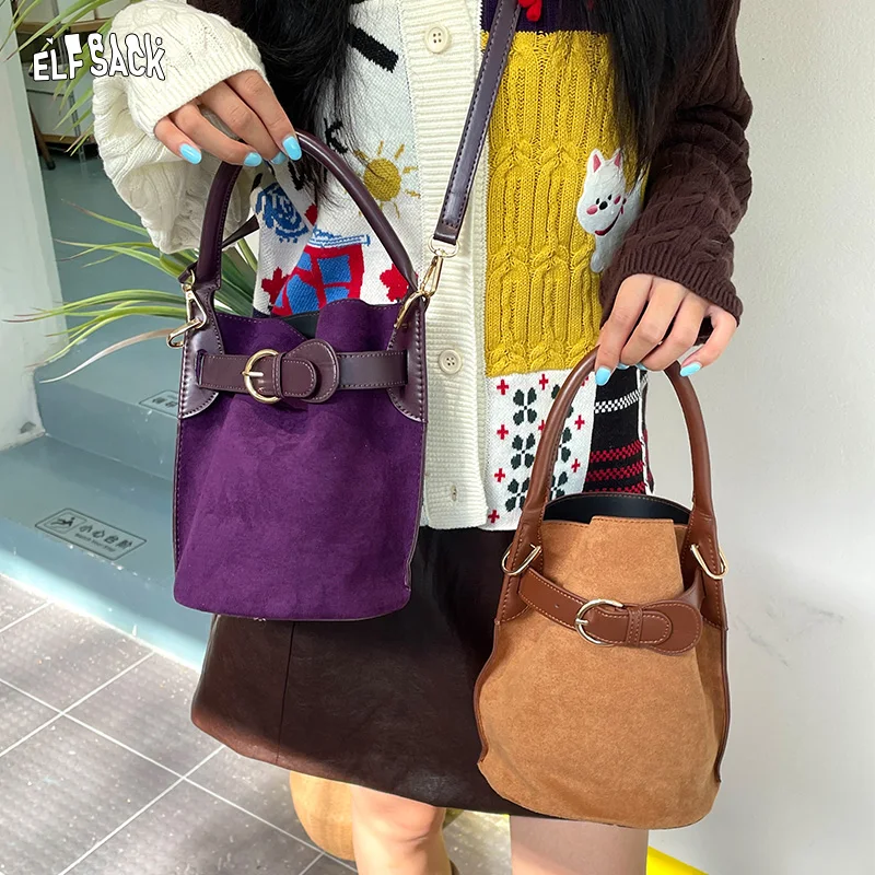 

ELFSACK 2022, осенние новые поступления, повседневная замшевая сумка-ведро с острым стилем и матовой пряжкой для женщин