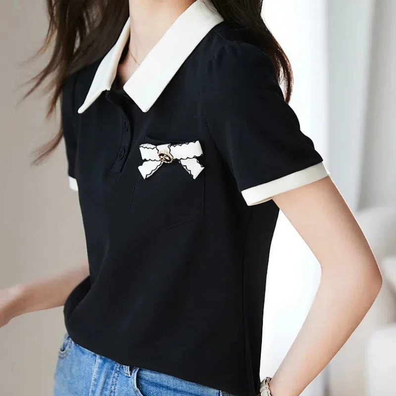 Women\'s Clothing Summer Short Sleeve Pullover Turn-down Collar Button Bow Rivet Contrast Color T-shirt Fashion Casual Tops