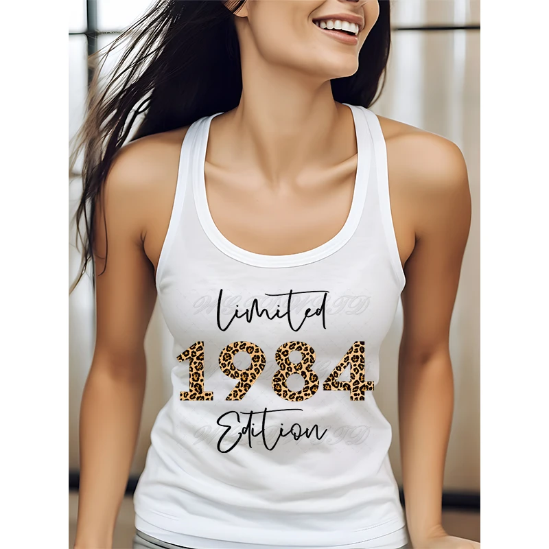 1980 To 1989 Leopard White Tops for Women Gift for 41th Birthday Racerback Tanks 1984 Limited Edition Summer Womens Tank Top