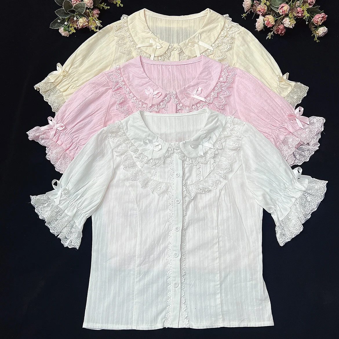 

Sweet Lolita Lace Bow Ruffles Cute Peter Pan Collar Shirt Women Gilrs Summer Korean Fashion Kawaii Short Sleeve Chic Blouse Tops