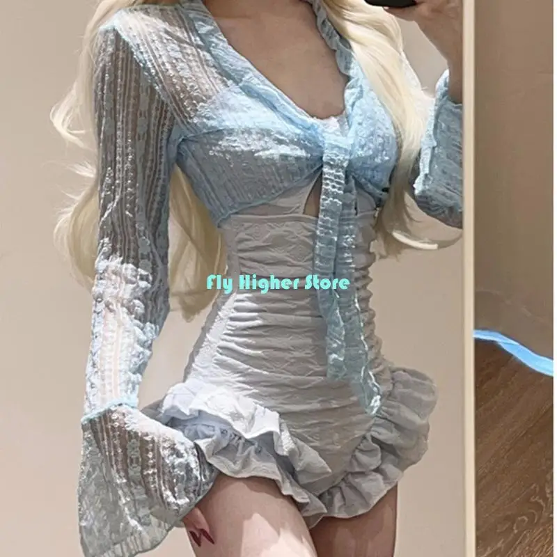 Women Ruffle Swimsuit with Long Sleeve Beach Coverup Crop Top Tummy Controlled Ruched Monokini Swimswears Bathing Suit