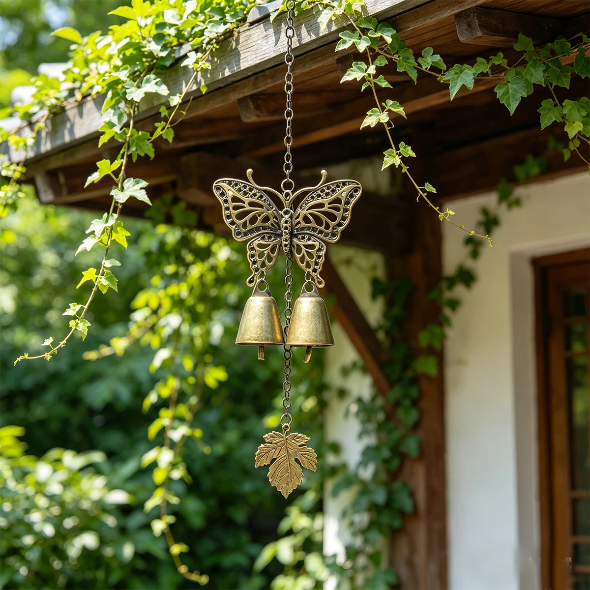 1Pc Metal Wind Chime, Featuring a Delicate Hollow Butterfly as the Main Element, with Two Metal Bells Hanging Below, and a Maple Leaf Pendant at the Bottom, Suitable for Hanging Decorations Outdoors, in Gardens, on Balconies or at Doorways, Not Only as a Decorative Item, but Also as a Practical and Decorative Feature, with the Bells Making a Pleasant Sound When the Breeze Blows.