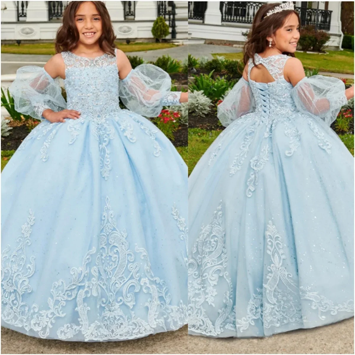 

Lace Appliques Flower Girl Dresses for Wedding Sequins Floor Length Elegant Girl Kids Birthday Party First Holy Communion Gown