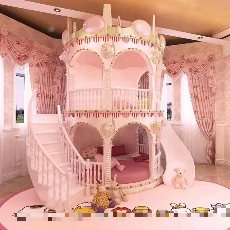 

Design Luxury Solid Wood Pink Children's Princess Castle Bunk Bed Villa Creative With Slide Customizable For Bedroom