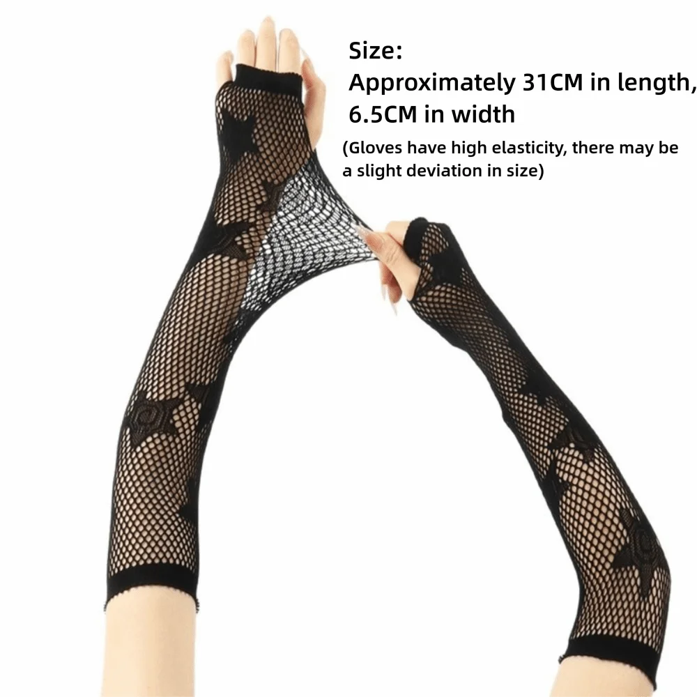 Star Fishnet Long Mesh Gloves Performance Dance Black Half-Finger Lace Mittens Arm Sleeves Hollow-Out Fingeless Gloves - view 5