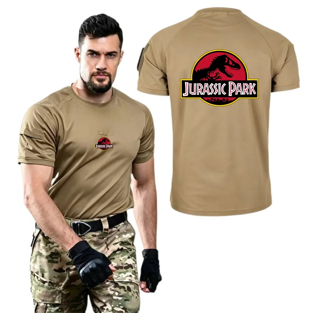 Mens T-Shirt Military Tacitcal Shoot Training Short Sleeve Shirts JURASSIC PARK Dinosaur World Tees Cycling Hiking Youth Tshirt