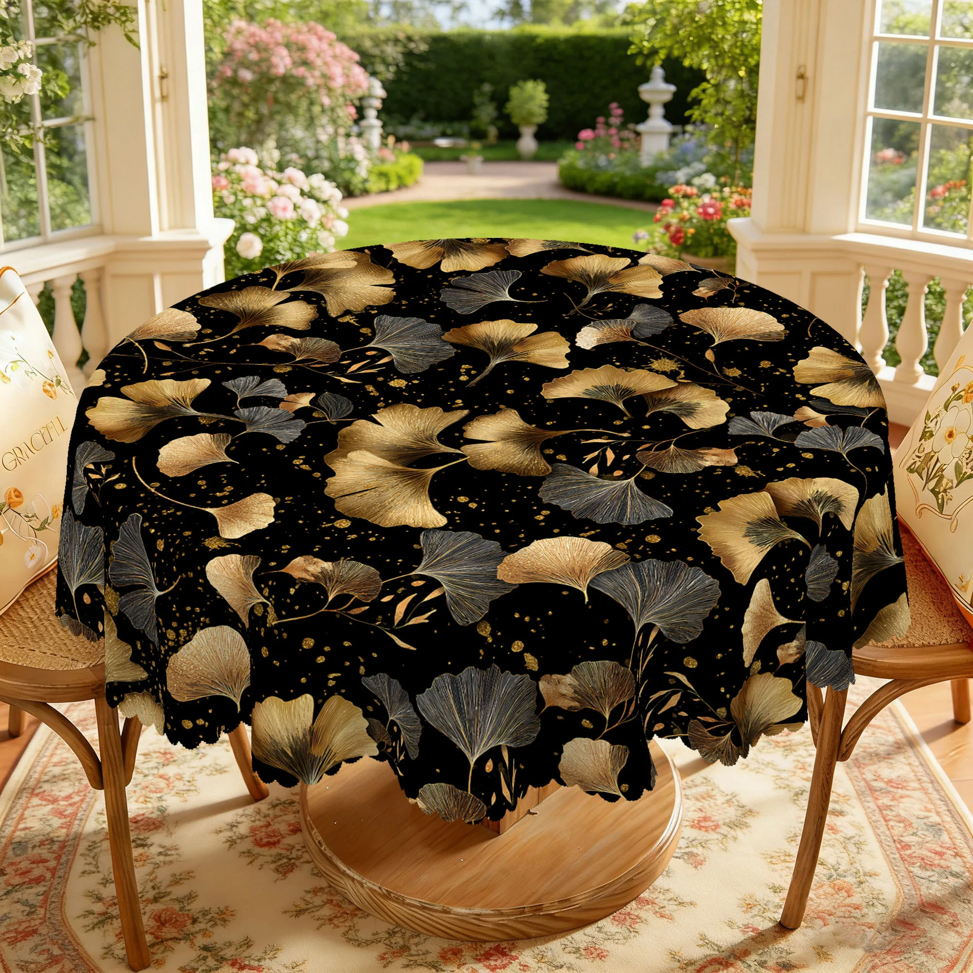 1 Piece of Ginkgo Leaf Themed Round Tablecloth, Available in Various Sizes, Black Background with Gold, Brown, and Dark Gray Ginkgo Leaf Print, Embossed Edge Craftsmanship, Vintage Aesthetic Decoration, Suitable for Daily Use in the Family Living Room, Terrace, Leisure Tea Table, Tablecloth for Daily Tea Gatherings, Natural Style Home Decoration
