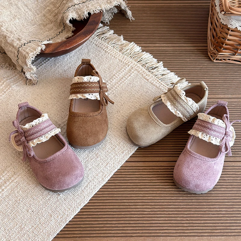 Girls Cottagecore Lace Bow Mary Jane Flats, Toddler Retro Suede‑Like Dress Shoes Hook‑and‑Loop Strap Flat Sole Kids Casual Shoes