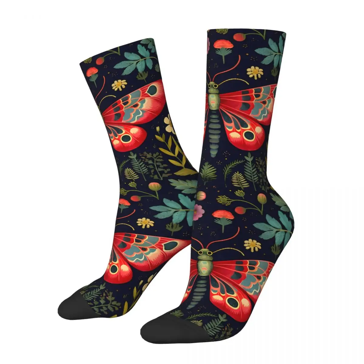 Funny Crazy Sock for Men Red Moth In Night Garden Hip Hop Vintage Seamless Pattern Printed Boys Crew Sock Novelty Gift