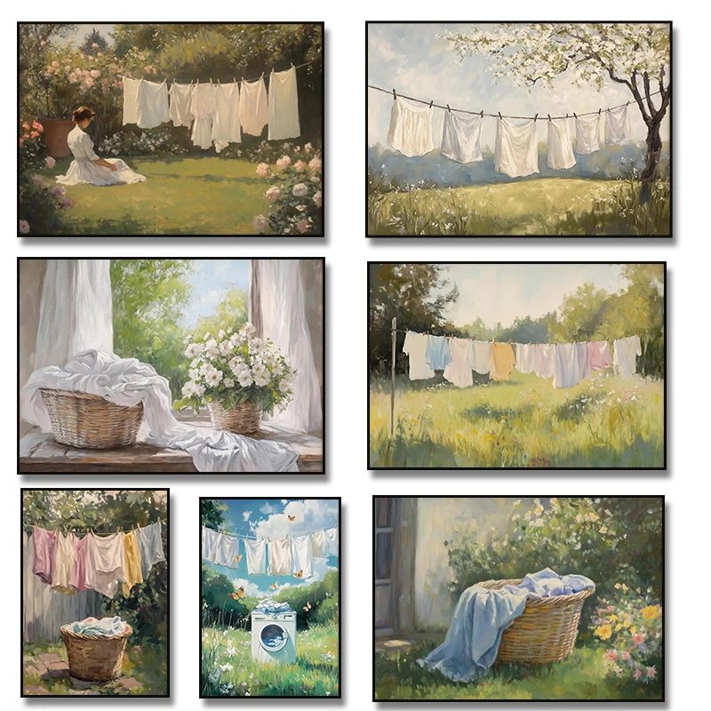 1pc frameless Canvas Painting 1pc frameless Canvas Painting  1pc framless Canvas Painting Vintage Laundry Clothesline Art Poster