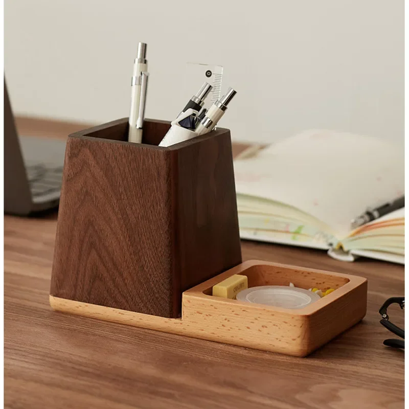 Large Capacity Makeup Brush Holder Black Walnut Pen Container Office Desktop Storage Box Versatile Scene Writing Case