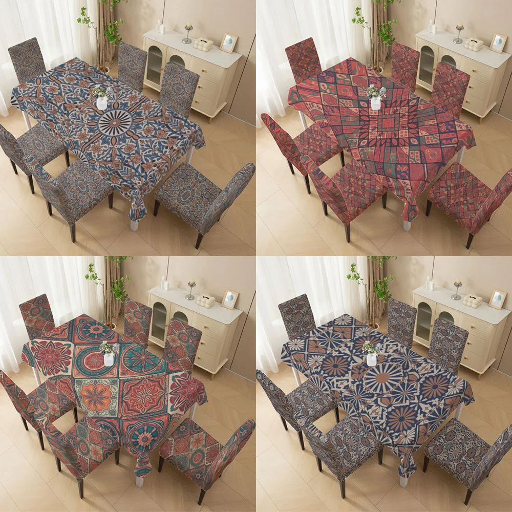 

Stretch dining chair cover, flat bohemian mandala pattern, machine washable all-inclusive chair cover, bow chair cover