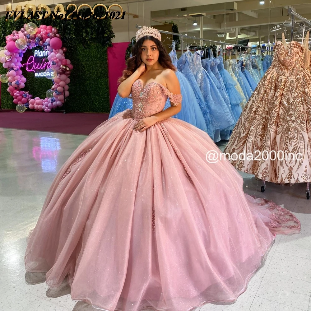 EVLAST Personalizado Rosa Quinceanera Vestido de Baile Appliqued Renda Frisado Cristal Tule Espartilho Doce 16 Vestidos De 15 Anos SQ728