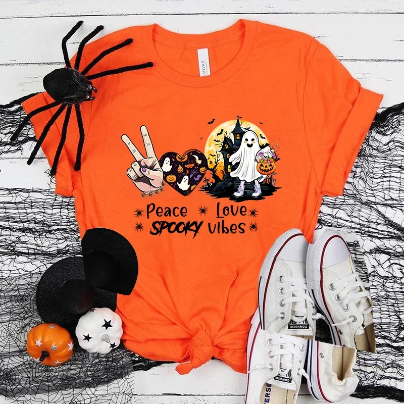 

(Premium T-shirt)New Funny Halloween Peace Love Spooky Vibes Graphic Print Women T-Shirt Cool Summer Soft Harajuku Short Sleeve