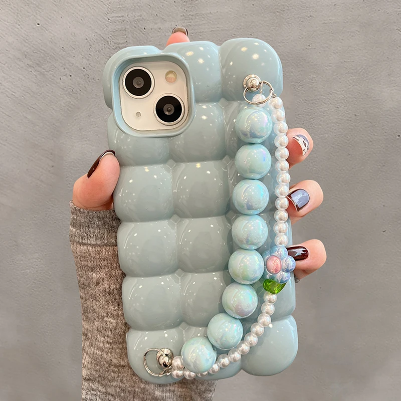 Luxury Pearl Bracelet Chain 3D Ice Lattice Case For iPhone 13 Pro Max 16 15 14 11 12 Shockproof Phone Back Cover Funda