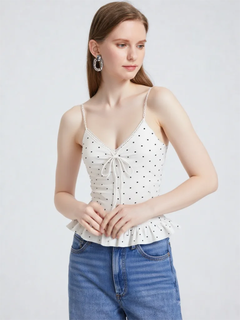 2026 Summer White Polka Dot Ruffle Hem Cami Women Korean Sweet Layered Sleeveless Top