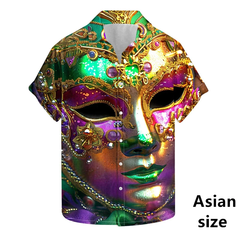 Mardi Gras Men Shirts 3D Print Mask Artistic Abstract Daily Tops Summer Casual Button Lapel Short Sleeves Women Carnival Blouse