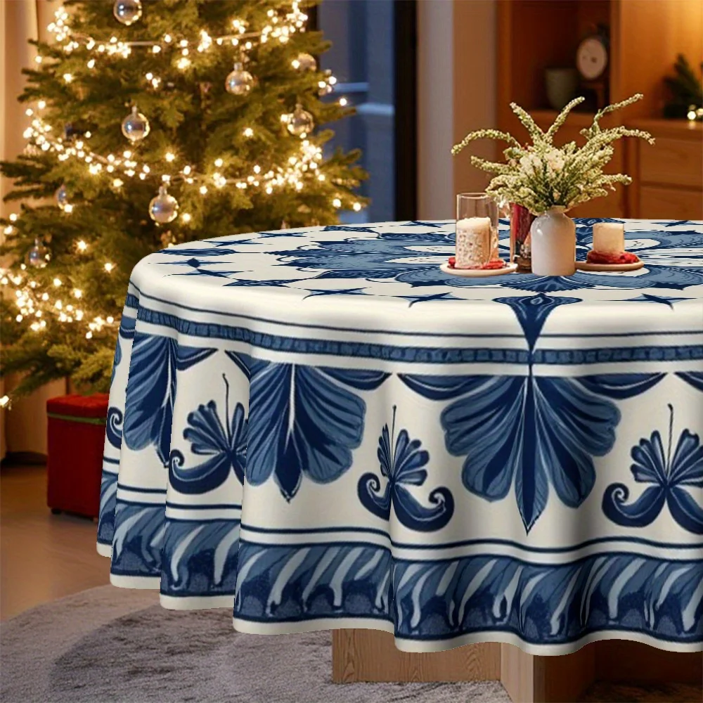 1 tablecloth, Christmas theme, blue and white floral badge pattern, suitable for home kitchens,