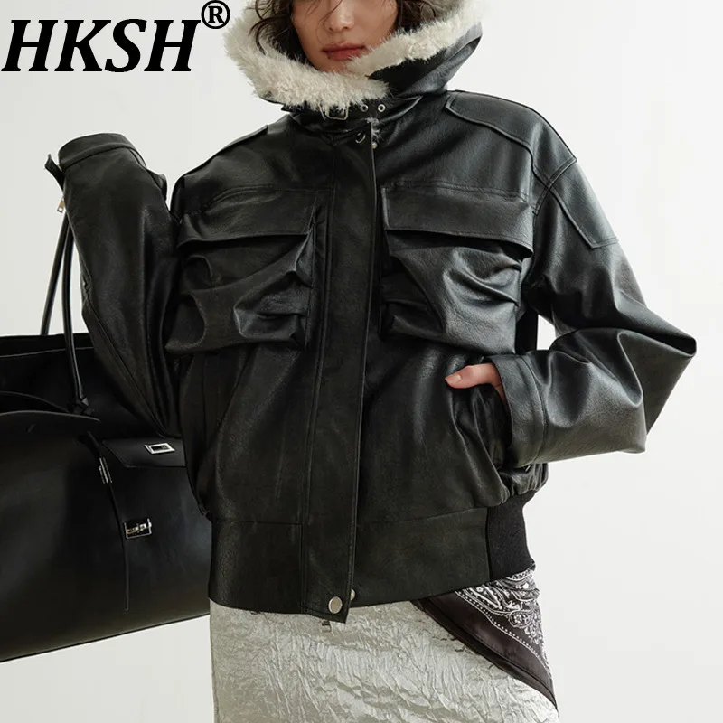 

HKSH осень-зима новая женская короткая куртка из искусственного меха сращенная искусственная кожа контрастного цвета с несколькими карманами на молнии модное пальто Ins HK12573