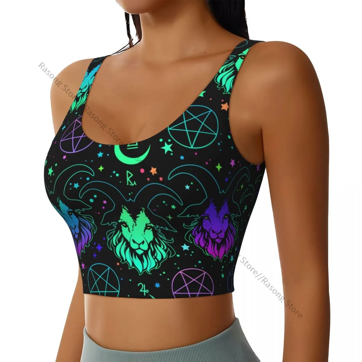 Yoga Vest Women Gym Sports Crop Tops Mystical Occult With Goat And Pentagram Streetwear Workout Breathable Tank Top Female