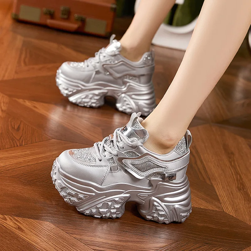 

Thick soled dad shoes for women 2025 spring rhinestone fashion interior height increasing women's shoes sports and casual shoe