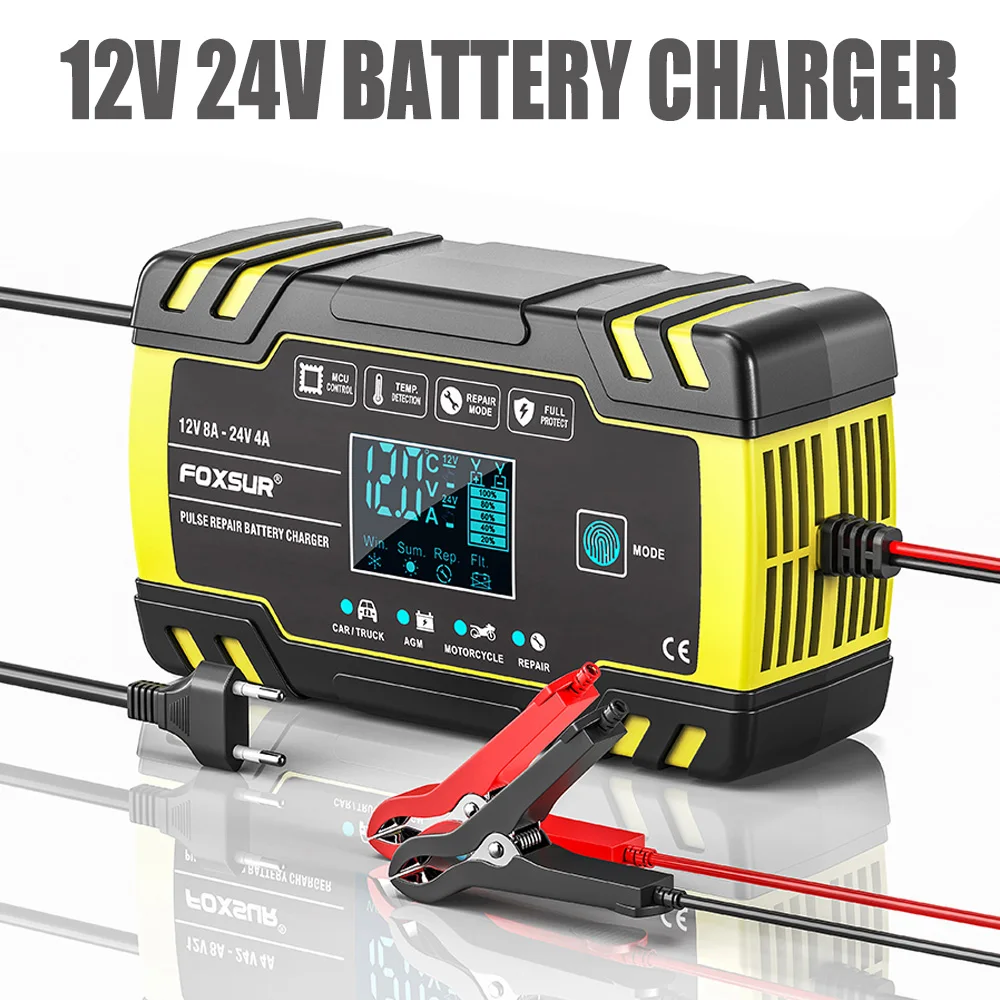 FOXSUR 12V 24V Motorcycle Golf Car Battery Charger Maintainer & Desulfator Smart Battery Charger, Pulse Repair Battery Charger