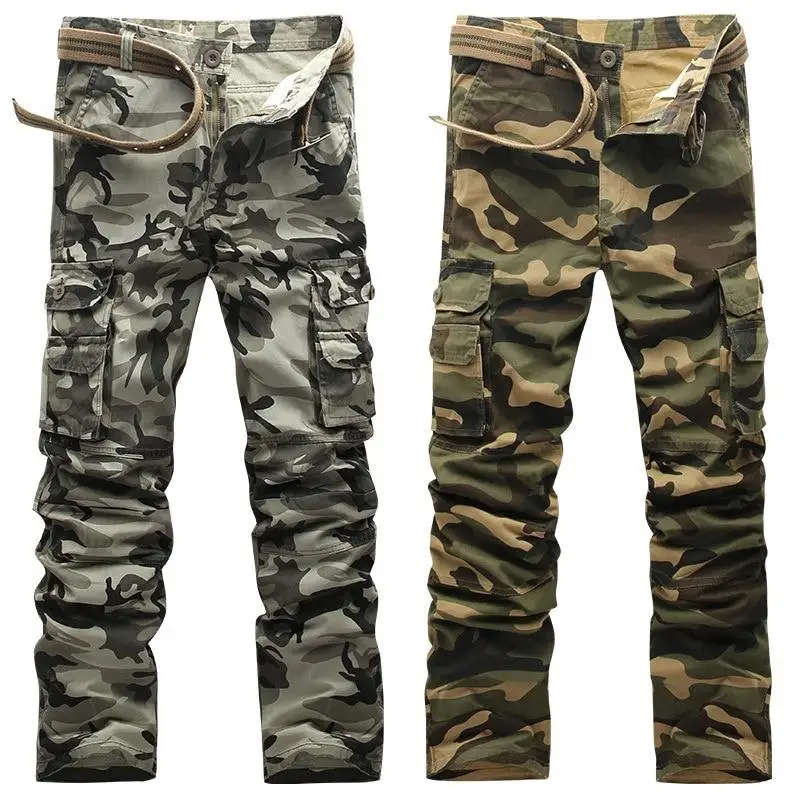 Size 28-38 Men Muti Pocket Cargo Long Pants Casual  Outdoor Tactical Military  Camouflage No Belt