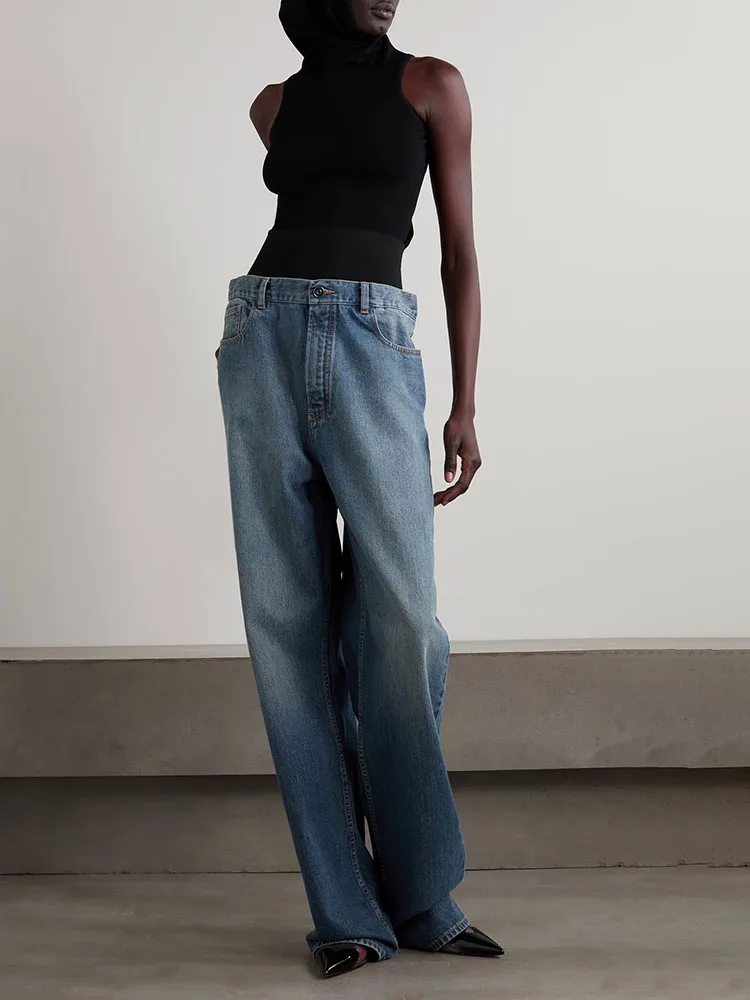 Y2K-Pantalon droit décontracté en coton pour femme, couleur flashy, épissage à la taille, pantalon traînant, haute audiJeans2024, printemps et été