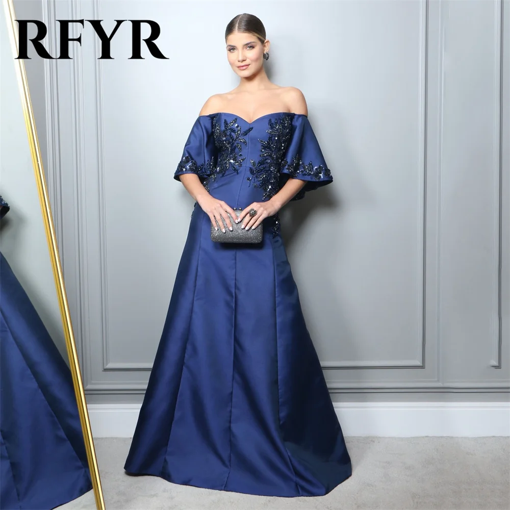 

RFYR Navy Blue Prom Dress Sweetheart A-line Evening Dresses Embroidery Elegant Party Dress Off The Shoulder Puff Sleeves 프롬드레스