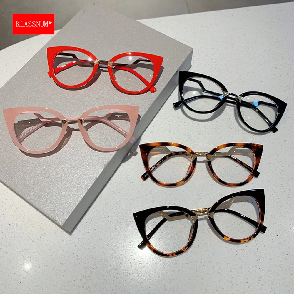 KLASSNUM Computer Glasses For Women Cat Eye Eyeglass Brand Design Blue Light Blocking Glasses Frame With Curve Temple 2024 New
