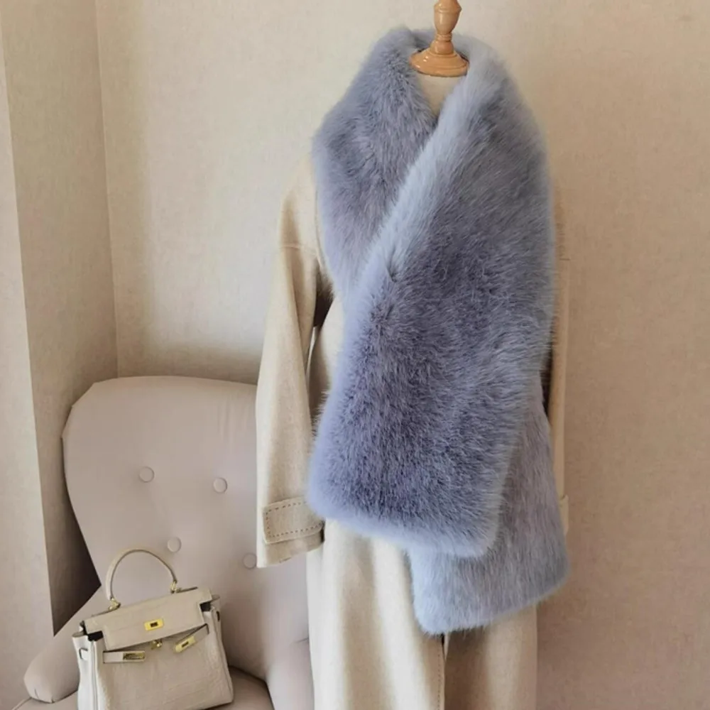 Stylish Light Blue Soft Hariy Shaggy Faux Fox Fur Warm Long Scarf Collar Women Faux Fur Collar Shawl Cap Scarves