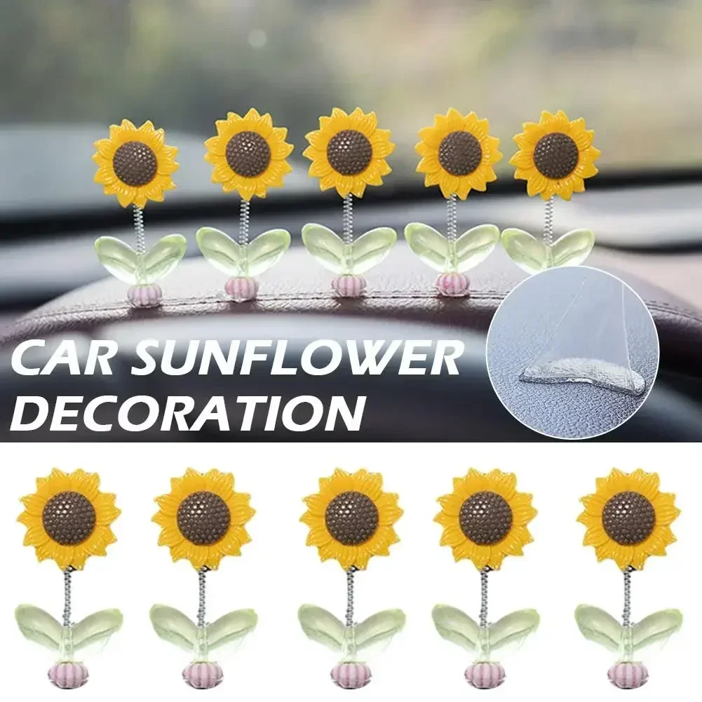 New 5pcs Swinging Sunflower Car Ornaments Refreshing Healing Fresh Flowers Car Center Console Decor Creative Desk Ornaments