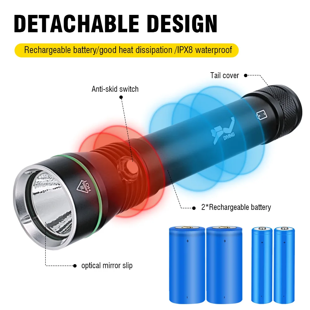 BORUiT Ultra Bright Diving Flashlight 2000LM 26650 Scuba Diving Light With Hand Rope IPX8 Waterproof  Professional Submersible