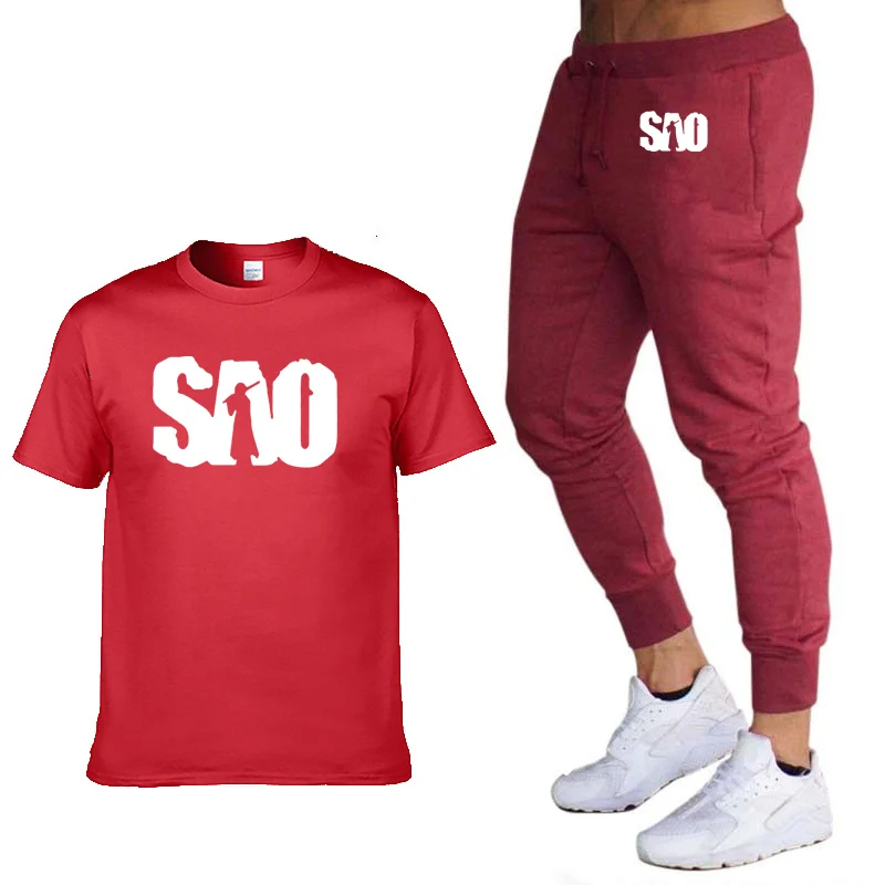 Ensemble d'été pour hommes, t-shirt et pantalon de survêtement, imprimé SAO Sword Art Online, en coton trempé, décontracté, à manches courtes