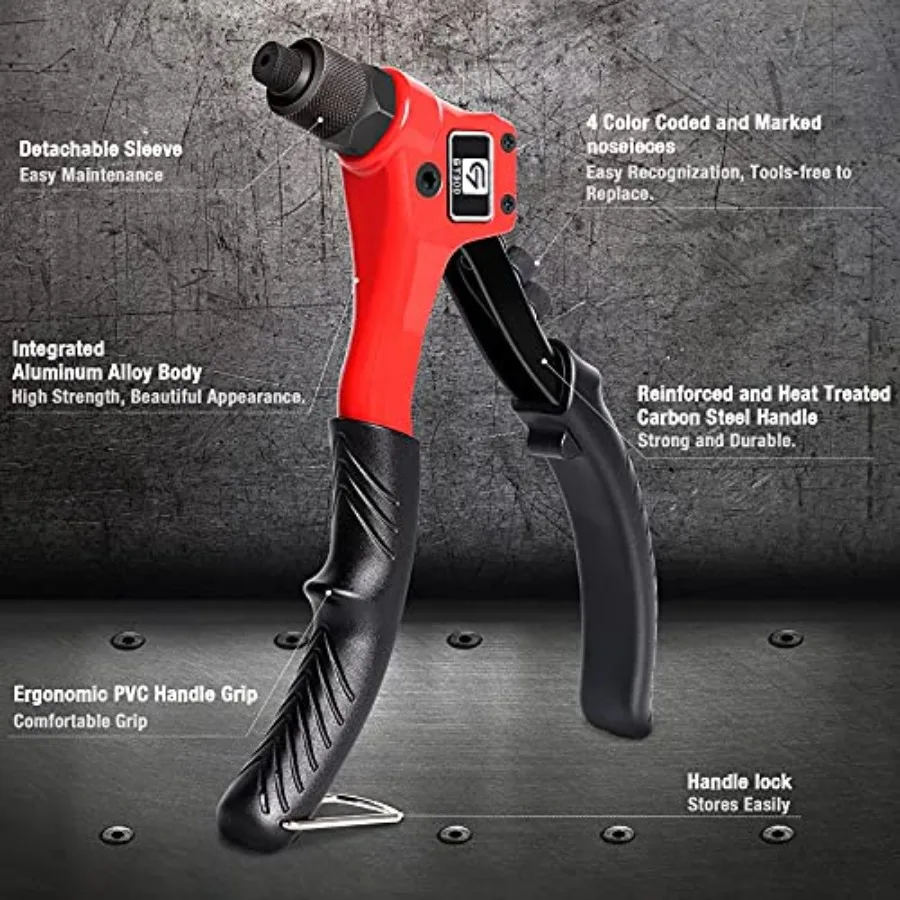 수동 핸드 리벳터 키트 (200개의 팝 리벳 및 4개의 드릴 비트 포함) 금속, 플라스틱 및 목재 수리용, 내구성 있고 휴대 가능