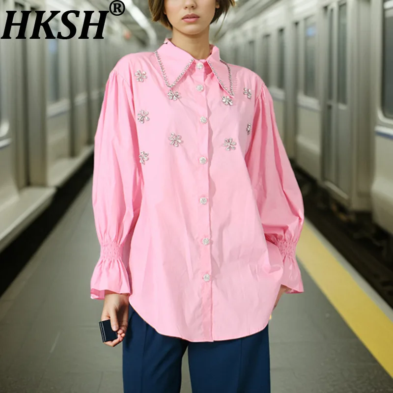 

HKSH Autumn New Women Shirt Turn-down Collar Studded Diamonds Long Sleeve Single Breasted Elegant Trendy High Street Tops HK9872